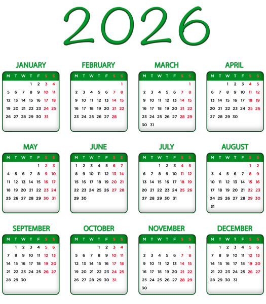 This png image - 2026 Green EU Calendar Transparent Image PNG, is available for free download