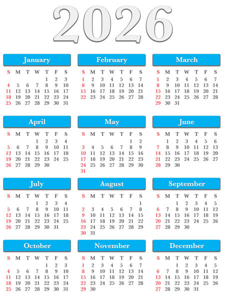 This png image - 2026 US Calendar Blue Transparent PNG Clipart, is available for free download