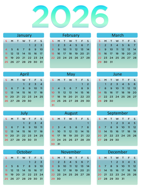 This png image - 2026 US Calendar Turquoise Transparent PNG Clipart, is available for free download