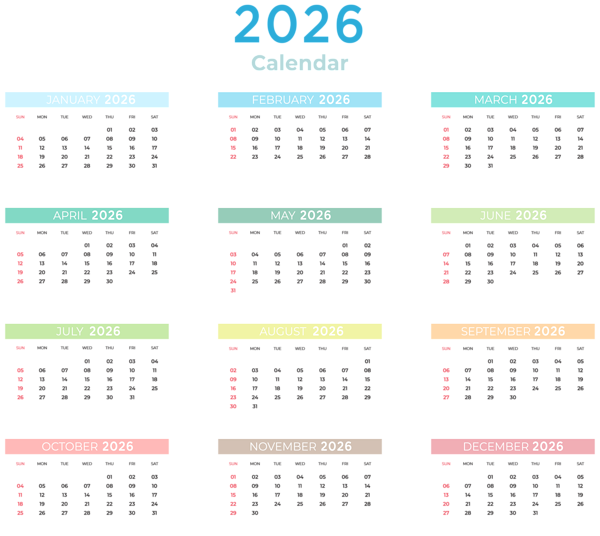 This png image - 2026 US Calendar with Colors Transparent Clipart, is available for free download