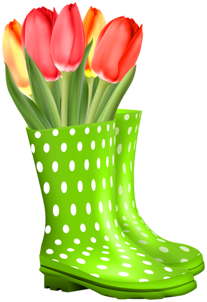 This png image - Green Rubber Boots with Tulips Transparent Image, is available for free download