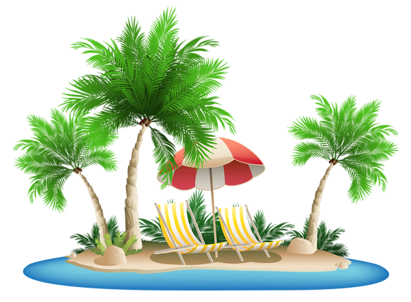 This png image - Beach Umbrella with Chairs and Palm Island PNG Clipart, is available for free download