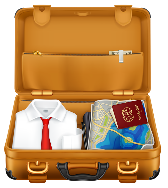 This png image - Brown Suitcase with Clothes and Passport PNG Clipart Image, is available for free download