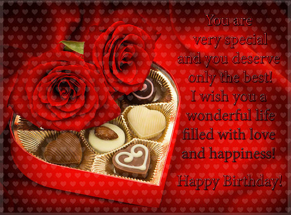 This jpeg image - Happy Birthday Card with Roses Hearts and Chocolates, is available for free download