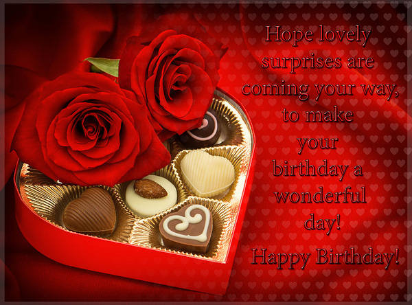 This jpeg image - Happy Birthday Card with Roses and Chocolates, is available for free download