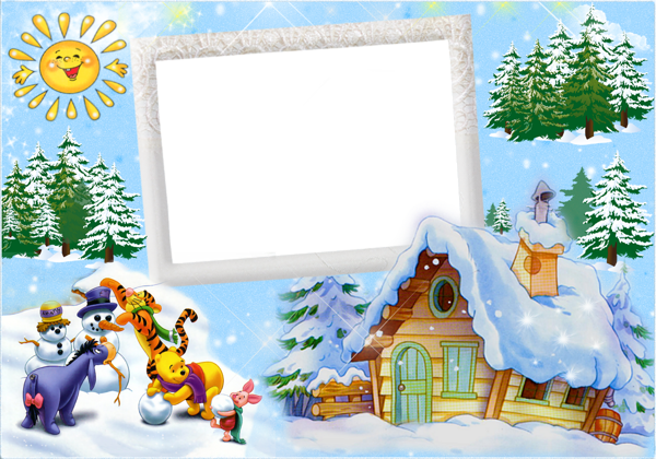 This png image - Christmas Kids Winter Frame with Winnie the Pooh and Friends and Snowman, is available for free download