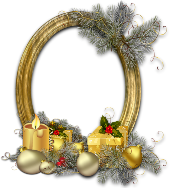 This png image - Christmas Oval Gold Photo Frame with Silver Pine, is available for free download