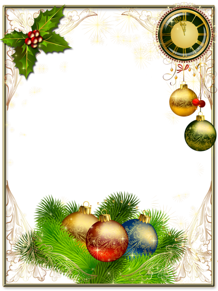 This png image - Christmas Photo Frame with Christmas Balls and Clock, is available for free download