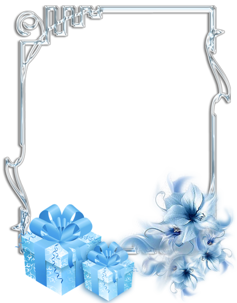 This png image - Large Transparent Christmas Silver Photo Frame with Blue Gifts and Flowers, is available for free download