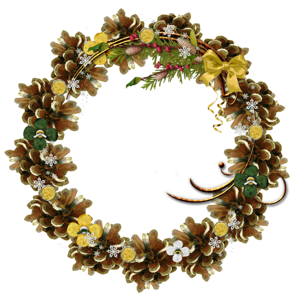 This png image - Round Pine Cone Transparent PNG Christmas Photo Frame with Gold Bow, is available for free download