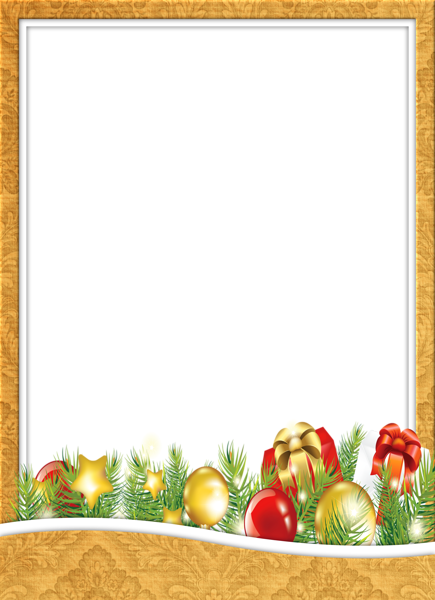 This png image - Yellow Christmas Transparent PNG Photo Frame with Presents and Chrismas Balls, is available for free download