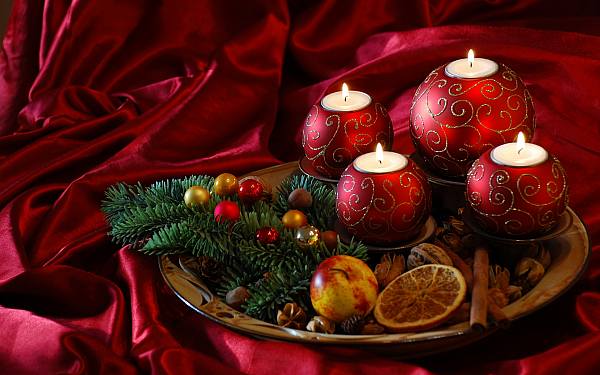 This jpeg image - Christmas Wallpaper With Red Satin and Candles, is available for free download