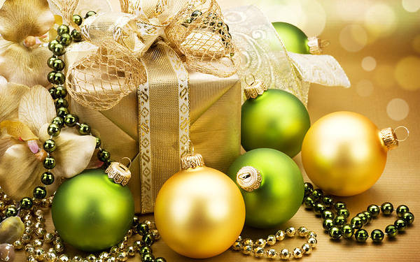 This jpeg image - Christmas Wallpaper with Green and Gold Ornaments, is available for free download