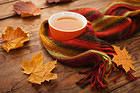 Autumn Background with Cup of Coffee and Scarf