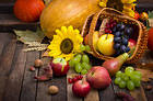 Autumn Background with Pumpkin and Fruit Basket
