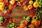 Autumn Wooden Background with Fruits