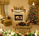 Christmas Background with Xmas Tree and Fireplace
