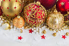 Christmas Background with Yellow and Red Ornaments