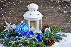 Christmas Lantern and Blue Christmas Balls Background