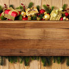 Christmas Wooden Background with Gifts and Decorations