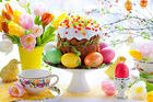 Easter Background with Eggs Easter Bread and Tulips