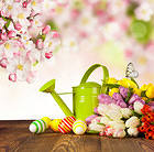 Easter Background with Eggs and Water Can