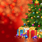 Red Christmas Background with Xmas Tree and Gifts