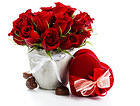 Vase with Red Roses and Chocolates Background