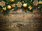 Wooden Christmas Background with Gold Ornaments
