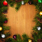 Wooden Square Christmas Background with Pine Branches and Ornaments