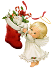 Cute Christmas Angel with White Kitten and Stocking Free PNG Clipart Picture