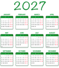 2027 Green EU Calendar Transparent Image PNG