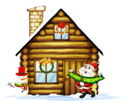 Transparent Christmas House with Santa and Snowman Clipart