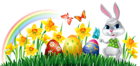 Easter Bunny with Daffodils Eggs and Grass Decor PNG Clipart Picture
