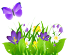 Purple Flowers Grass and Butterfly PNG Clipart Picture