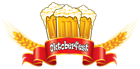 Oktoberfest Red Banner with Beer Mugs and Wheat PNG Clipart Image