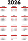 2026 Calendar Transparent Red Black PNG Clipart