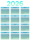 2026 US Calendar Turquoise Transparent PNG Clipart