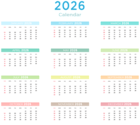 2026 US Calendar with Colors Transparent Clipart